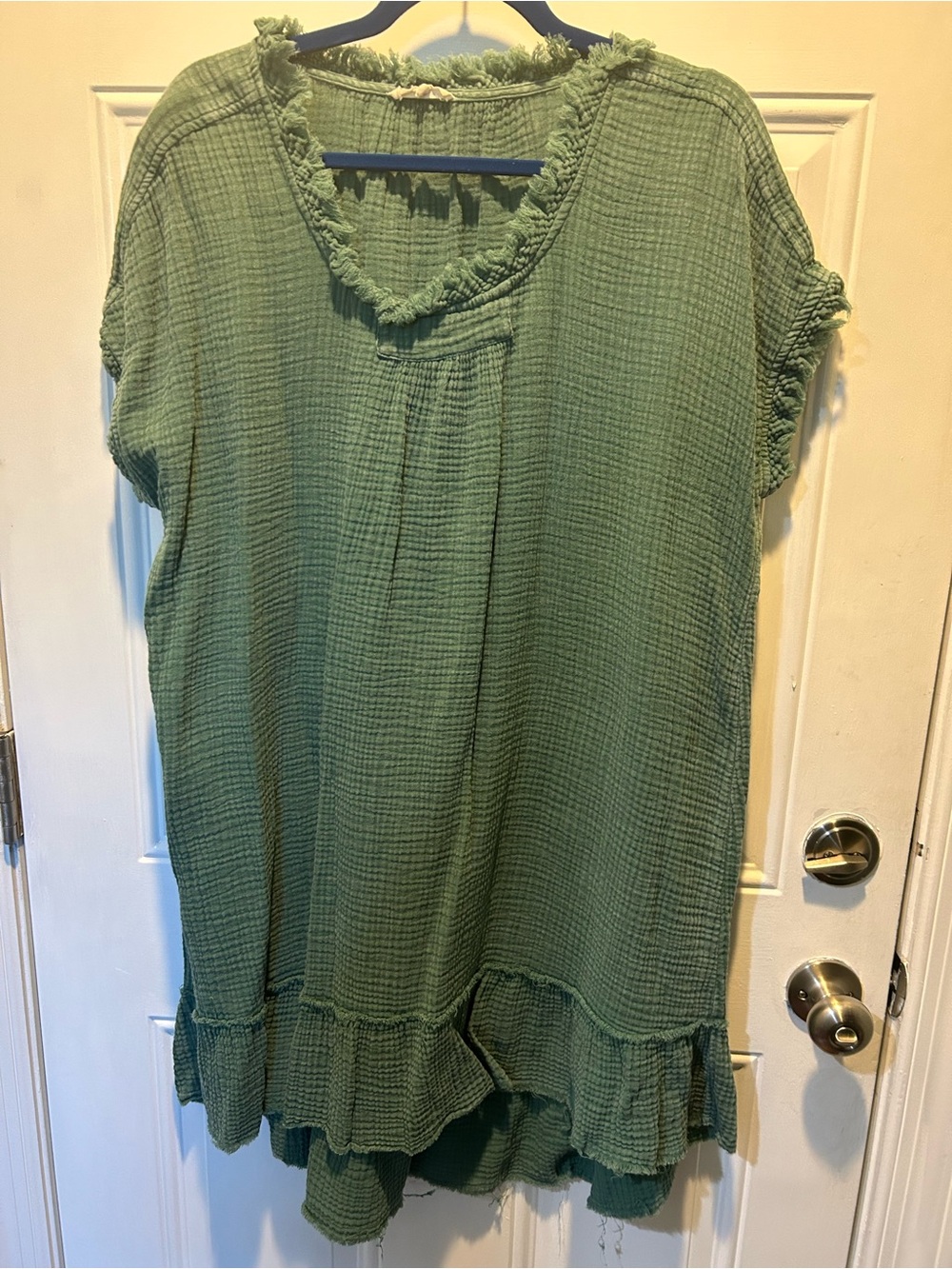 easel Sage Green Frayed Scoop Ruffle-Hem Tunic